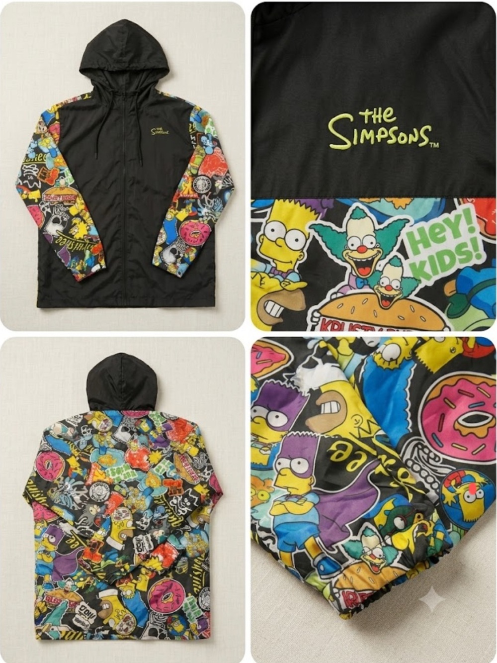 The Simpsons Black Windbreaker Jacket with Yellow Logo. Full Zip